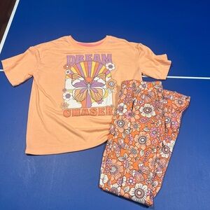 Art Class Girls Size 16-18 2 Piece Pajama Set Orange Floral Retro
